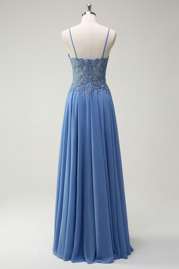 A Line Spaghetti Straps Pleated Long Formal Dress with Appliques
